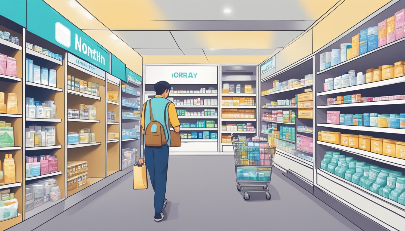A person walking into a pharmacy in Singapore, picking up a box of Norethisterone from the shelf, and bringing it to the cashier to make a purchase