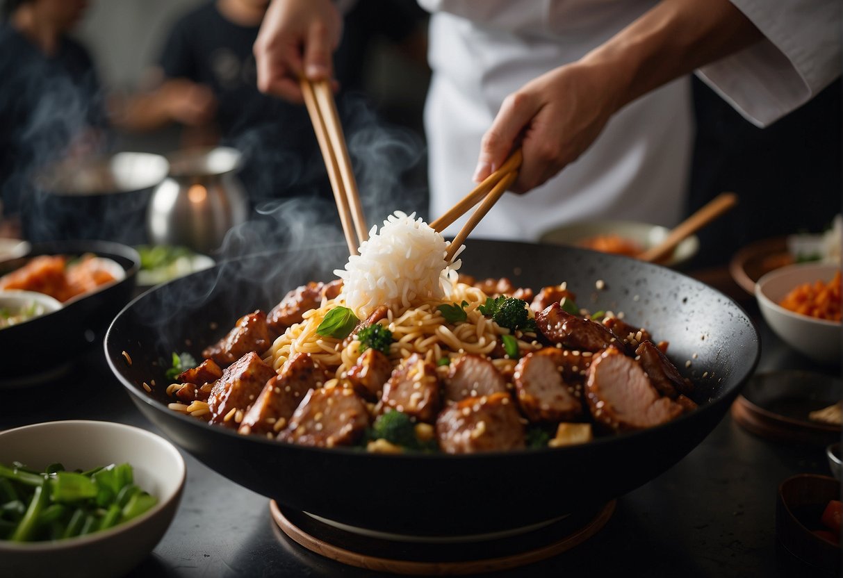 A wok sizzles with sticky rice, soy sauce, and savory meats, while a chef expertly tosses the ingredients with chopsticks