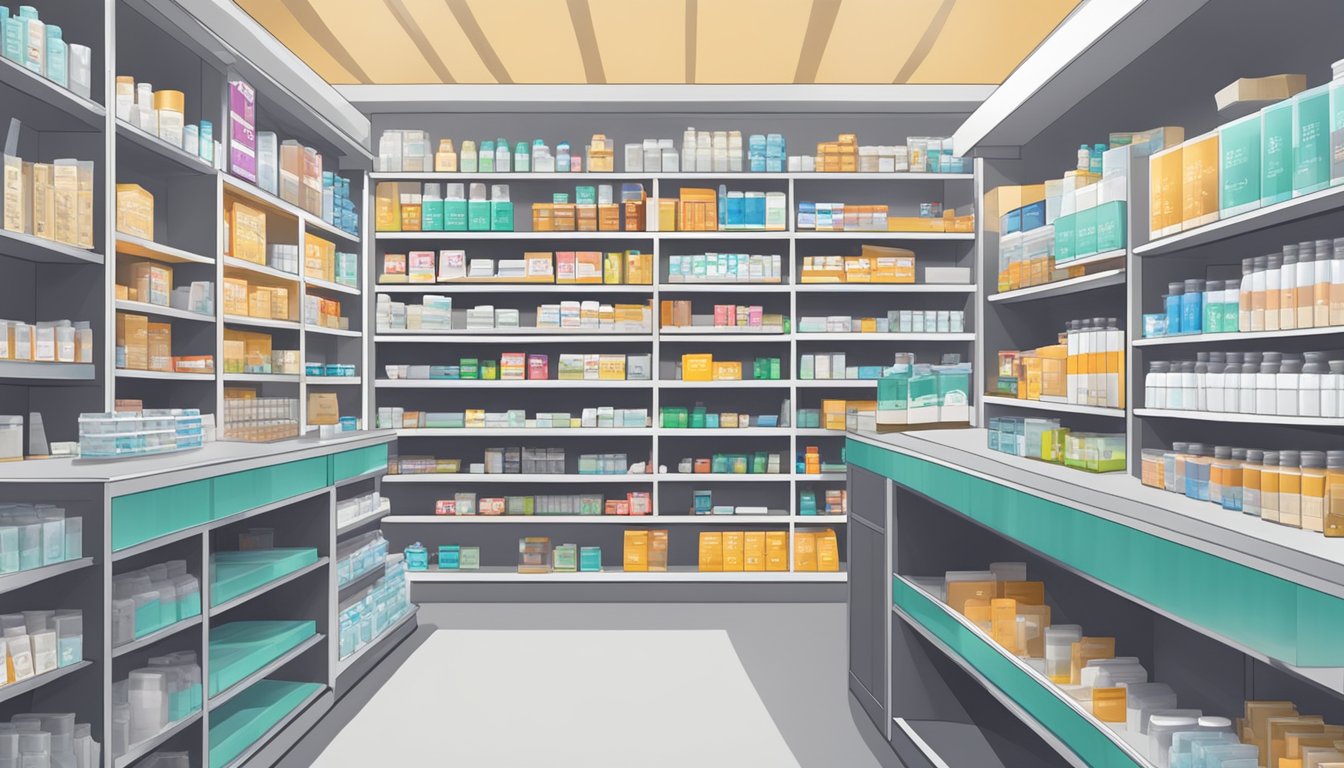 A pharmacy counter with shelves of medication, including a box of norethisterone, with a sign indicating it is available for purchase in Singapore