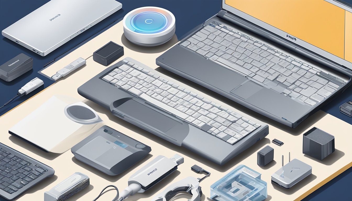 A laptop with a search bar displaying "philips trimmer buy online" surrounded by various electronic devices and packaging