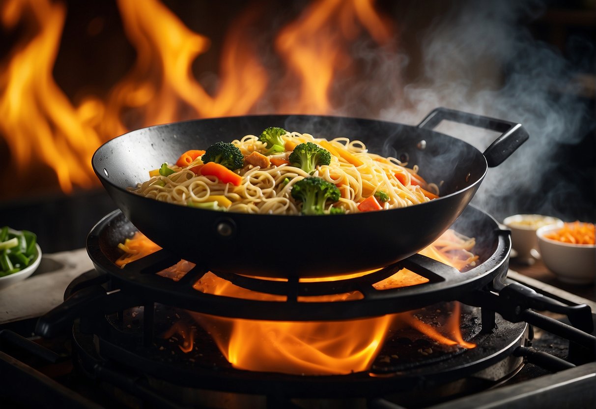 A wok sizzles with stir-fried Maggi noodles, mixed with vegetables and savory seasonings, emitting aromatic steam