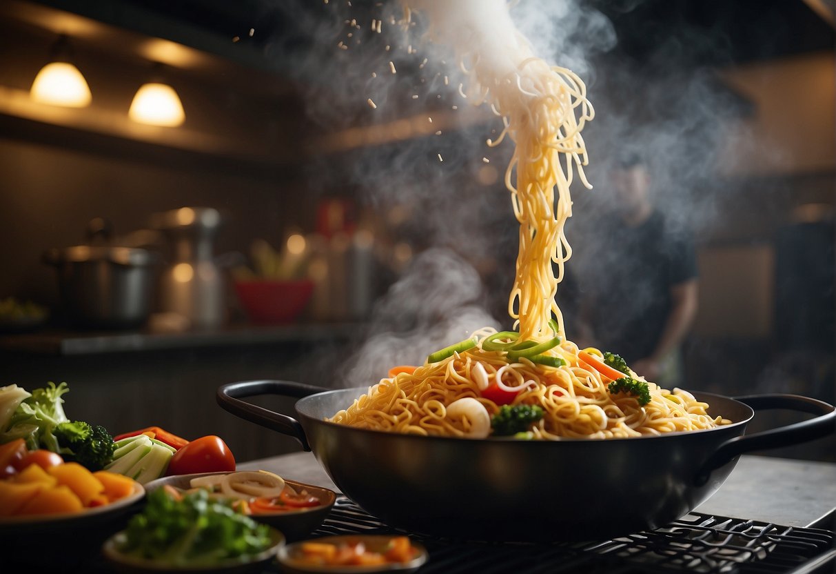 A sizzling wok tosses strands of Maggi noodles with vibrant vegetables and savory sauces, creating an aromatic cloud of steam in a bustling Chinese kitchen