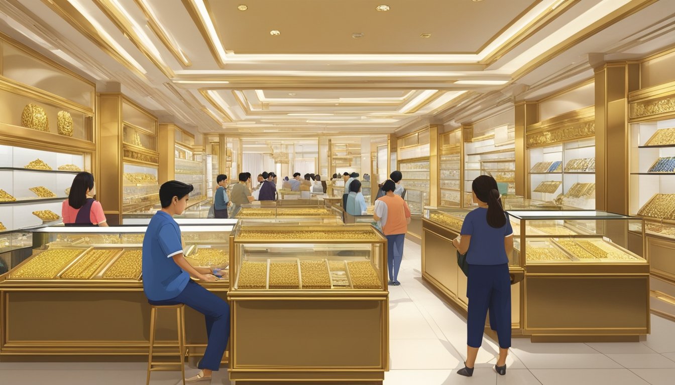 Customers at Mustafa Centre in Singapore are purchasing gold from the vibrant and bustling jewelry section. The display cases are filled with shimmering gold bars and intricate gold jewelry, while customers carefully inspect and make their selections