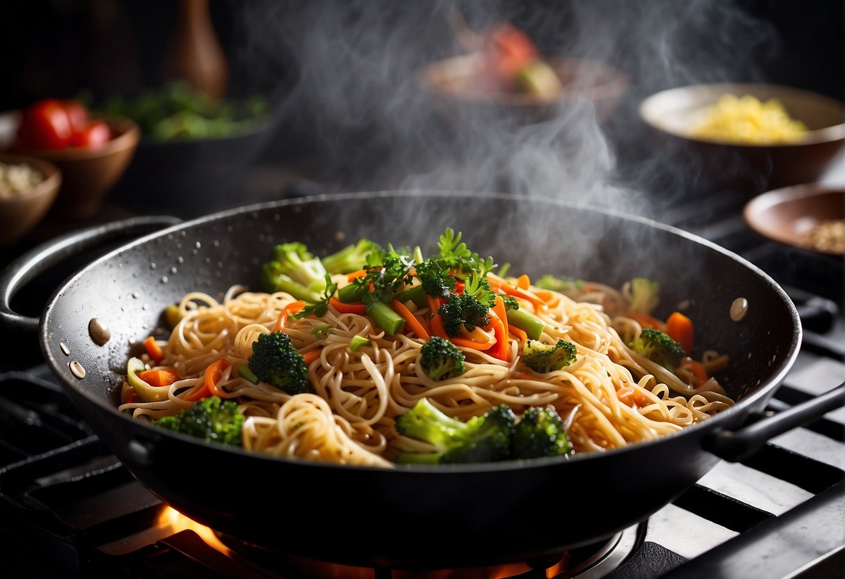 Sizzling noodles in a wok, with vegetables and seasonings being added, steam rising