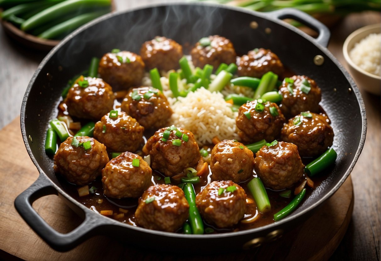 Golden-brown meatballs sizzle in a wok, surrounded by garlic, ginger, and green onions. Soy sauce and rice wine add a savory aroma