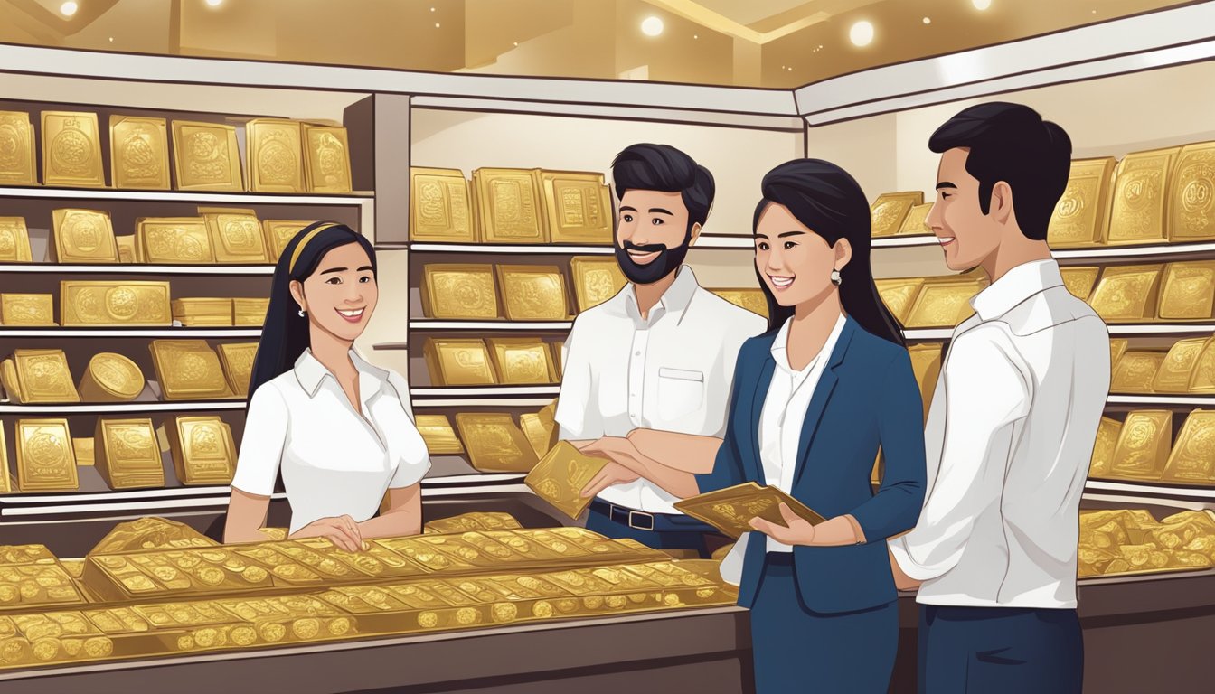 Customers at Mustafa Singapore inquire about buying gold, as staff assist them with frequently asked questions