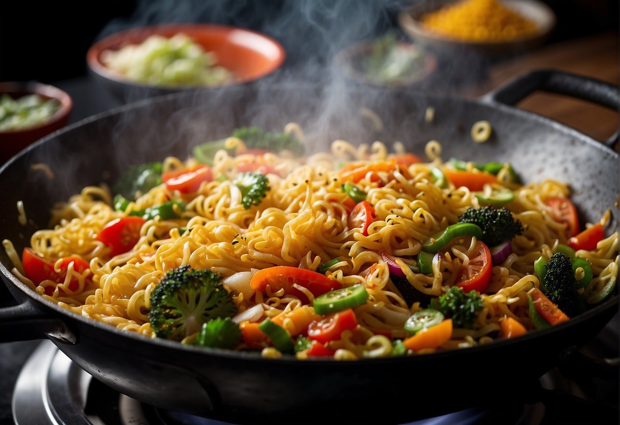 A steaming wok sizzles as it tosses together vibrant vegetables, savory sauces, and springy strands of fried Maggi noodles, creating a tantalizing aroma that fills the air