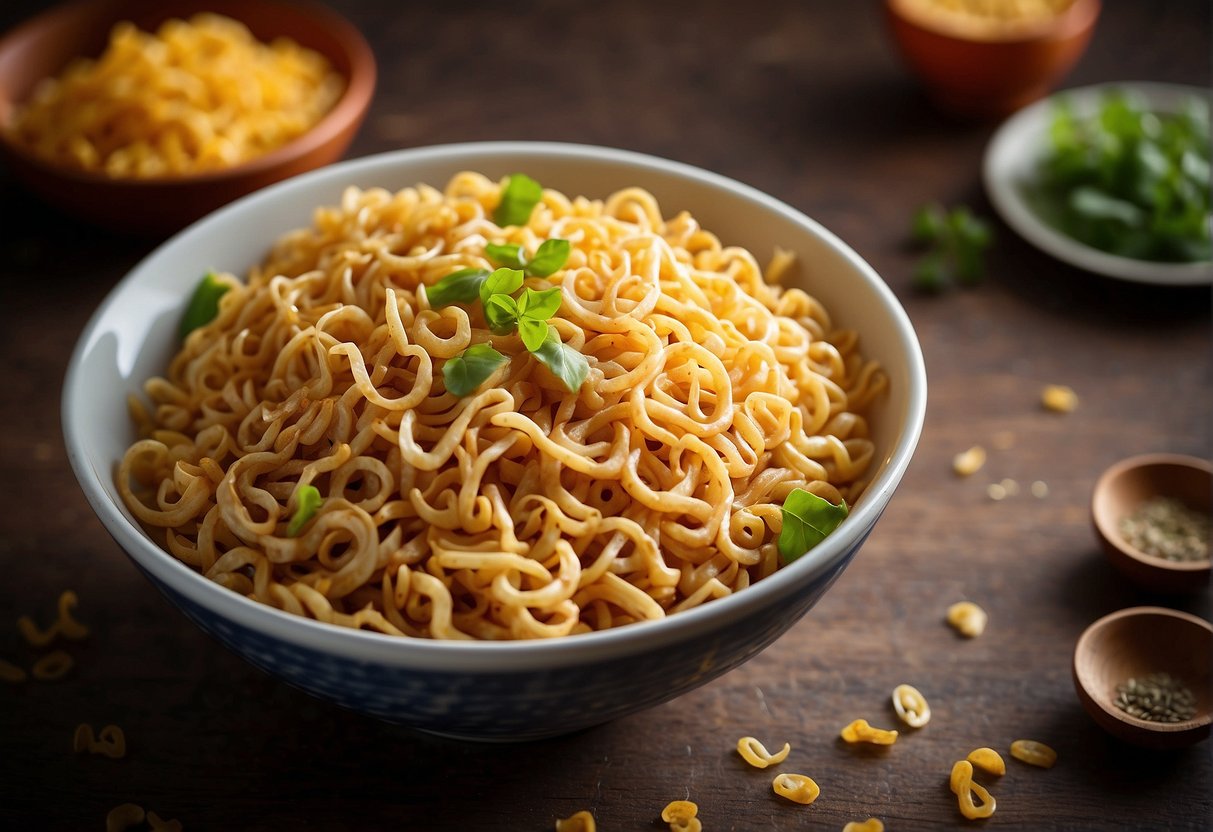 A bowl of Chinese fried maggi noodles with a list of nutritional information and dietary considerations displayed next to it