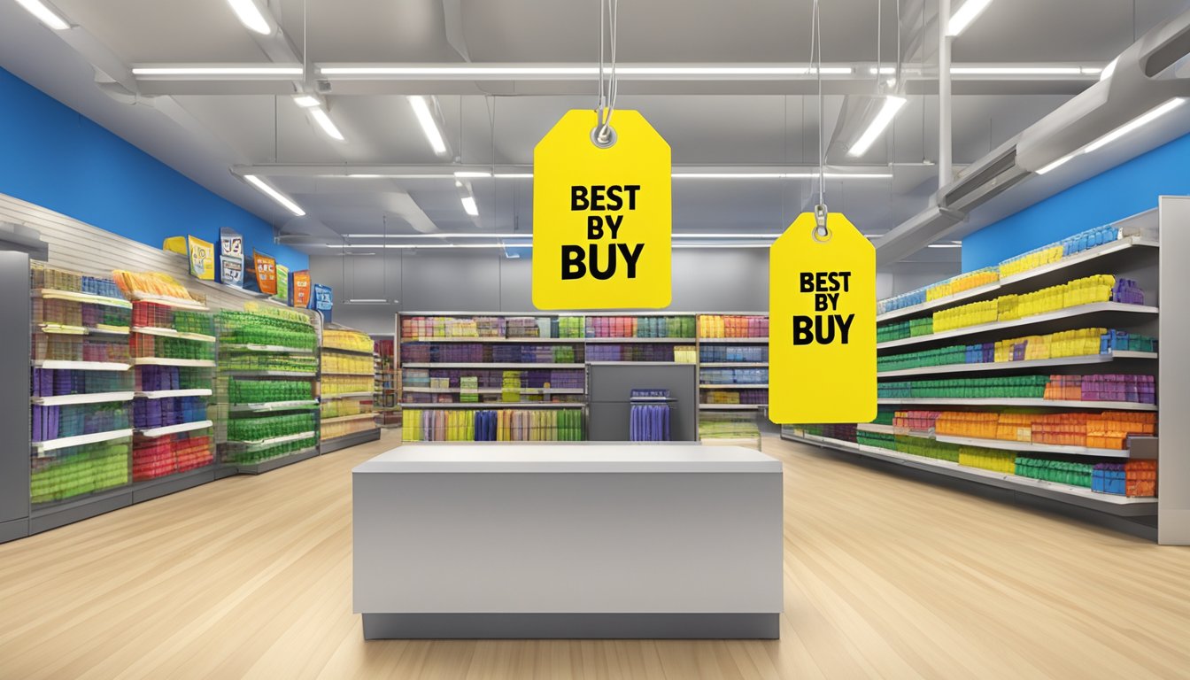 A bright yellow price tag with "Best Buy" in bold letters, hanging from a product in a clean, modern retail setting