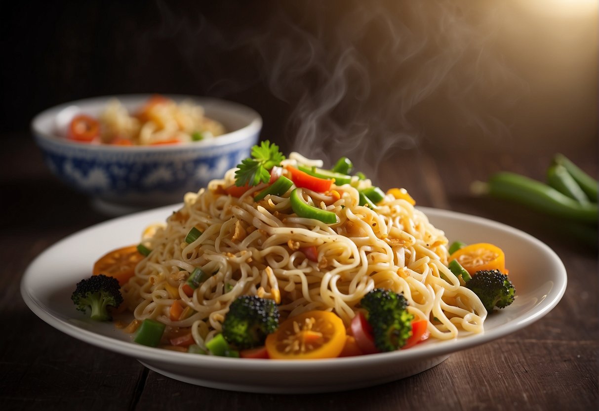 A steaming plate of Chinese fried maggi noodles, garnished with colorful vegetables and served on a traditional ceramic dish