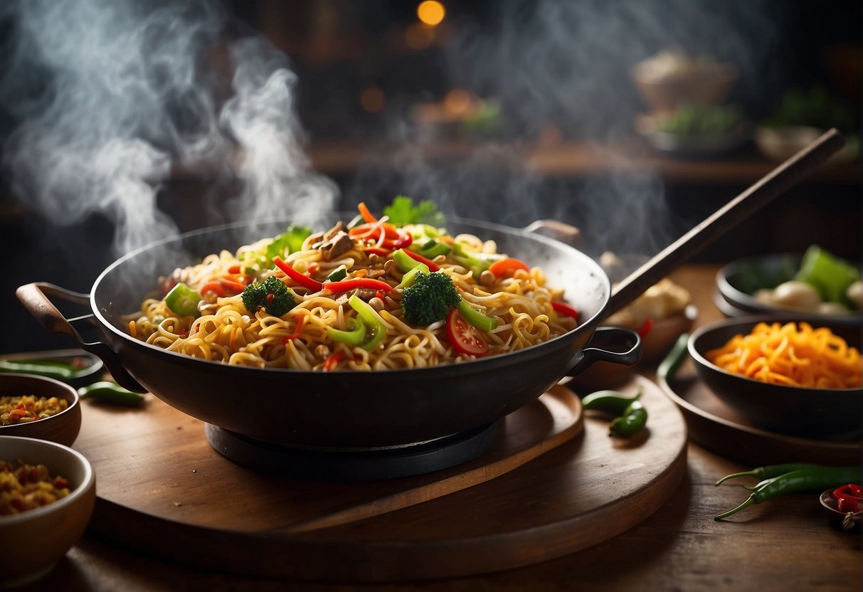 A steaming wok sizzles with stir-fried Maggi noodles, surrounded by vibrant Chinese spices and fresh ingredients