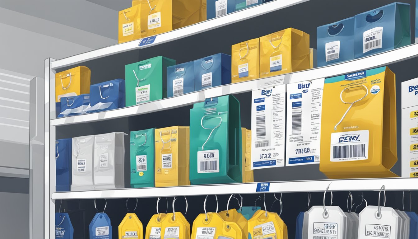 A price tag hangs from a shelf at Best Buy, displaying the product name, price, and any promotional information. The tag is clearly visible and easy to read