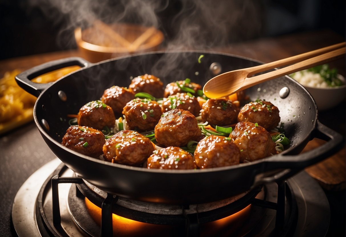 A wok sizzles as meatballs fry in hot oil. Ingredients like ginger, garlic, and soy sauce sit nearby. A recipe book lays open, showing step-by-step instructions