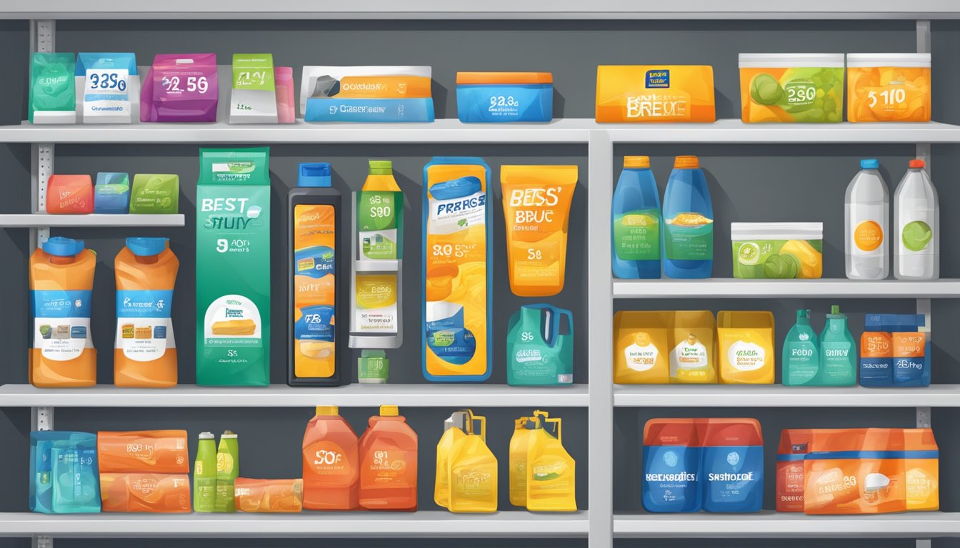 A shelf of products with prominent "Best Buy" price tags, showcasing significant savings