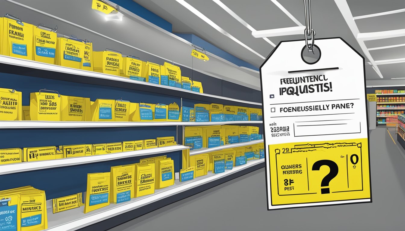 A bright yellow price tag with "Frequently Asked Questions" displayed prominently, hanging from a shelf in a Best Buy store