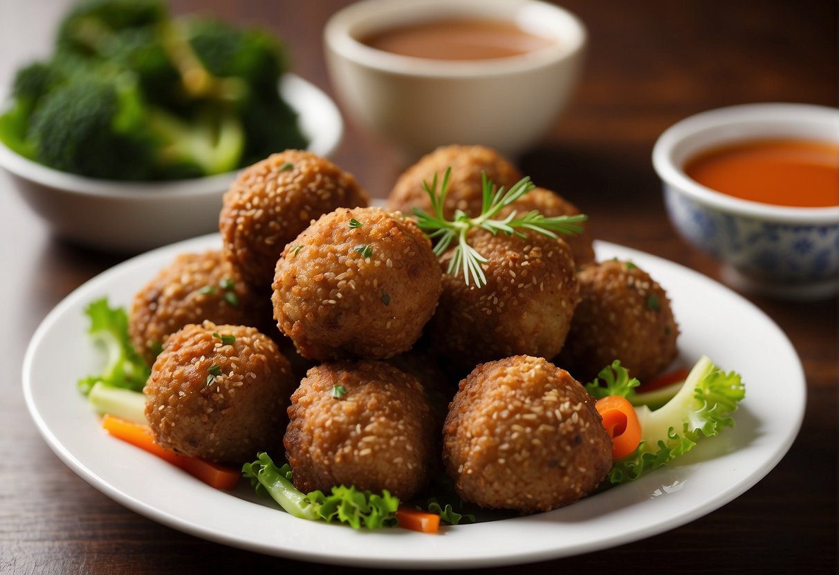 A plate of Chinese fried meatballs with a side of steamed vegetables and a small bowl of dipping sauce. The meatballs are golden brown and crispy on the outside, with a juicy and flavorful interior