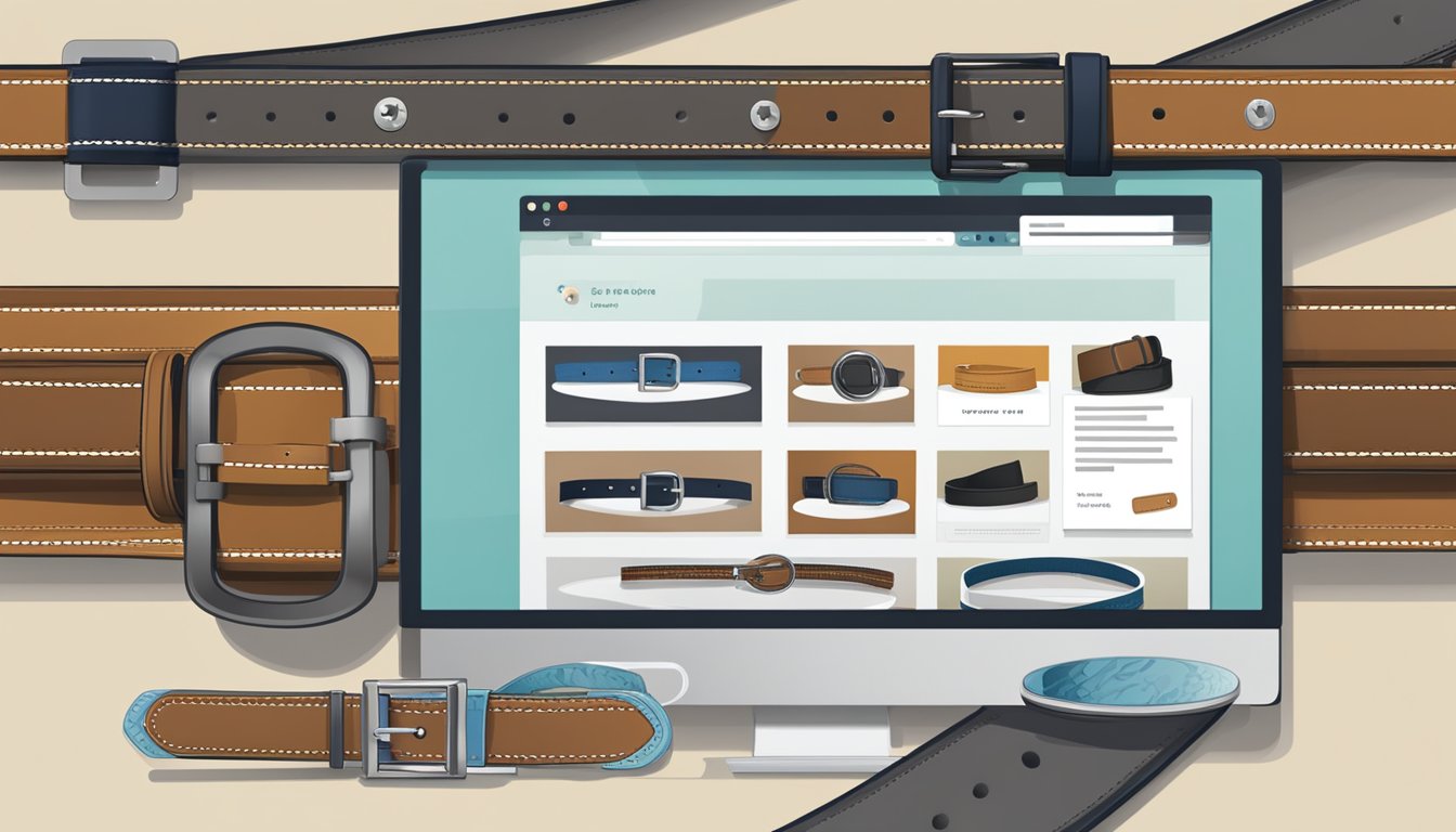 A computer with an internet browser open to a website selling men's belts. A variety of belts displayed on the screen with a "buy now" button
