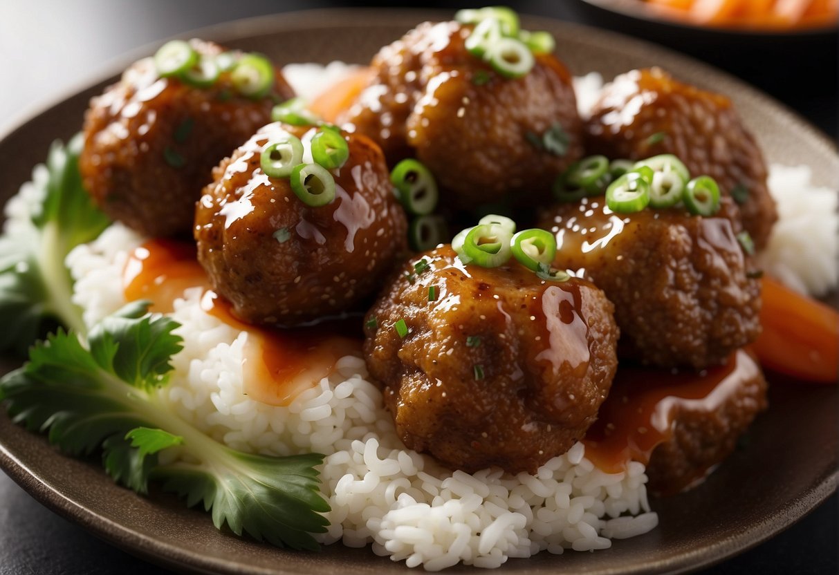 Chinese fried meatballs sizzle in a hot wok. A plate of steamed rice and a bowl of savory dipping sauce sit nearby