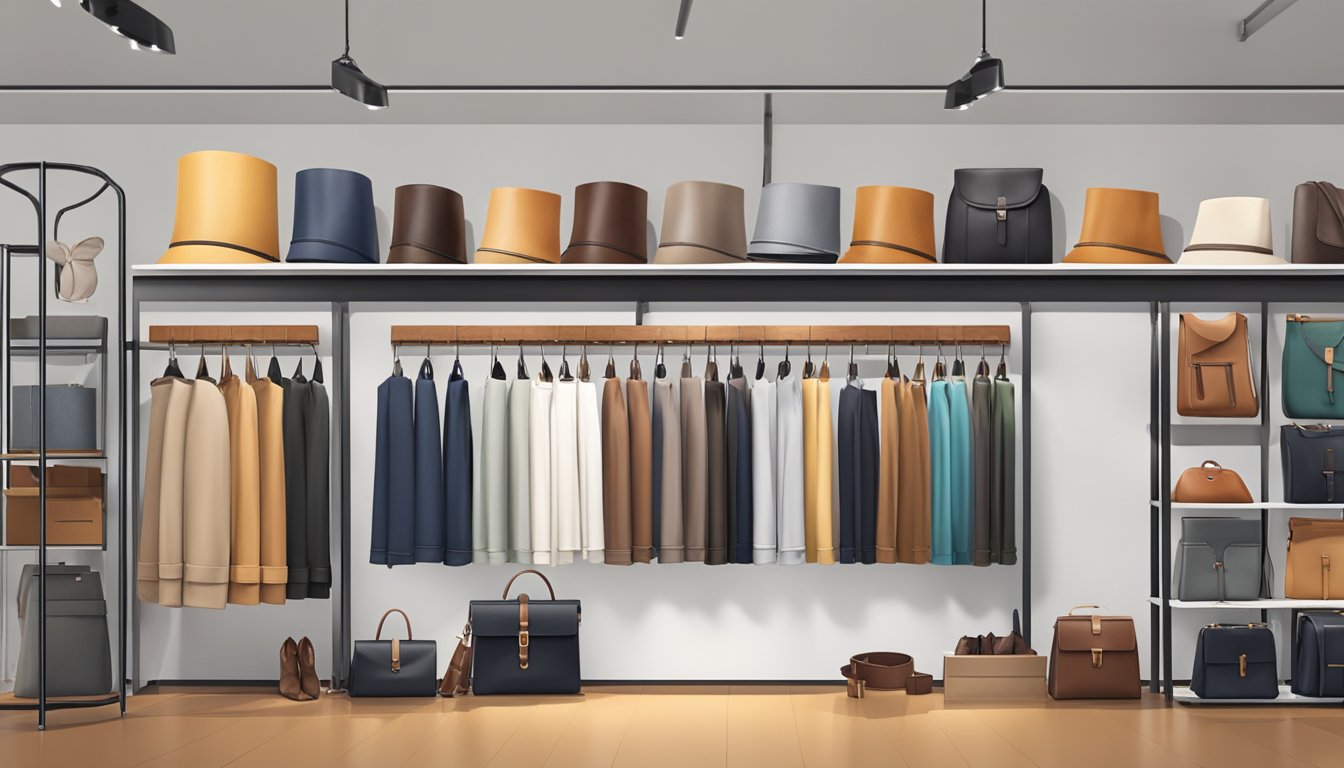 A hand reaches for a sleek leather belt on a display rack, surrounded by various styles and colors. The online store's logo is visible in the background