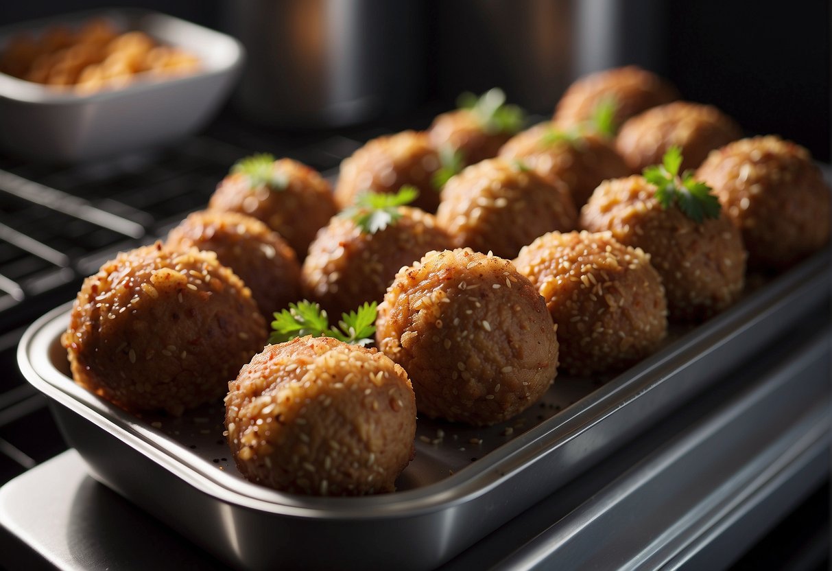 Chinese fried meatballs sit in a storage container. A microwave heats them, steam rising