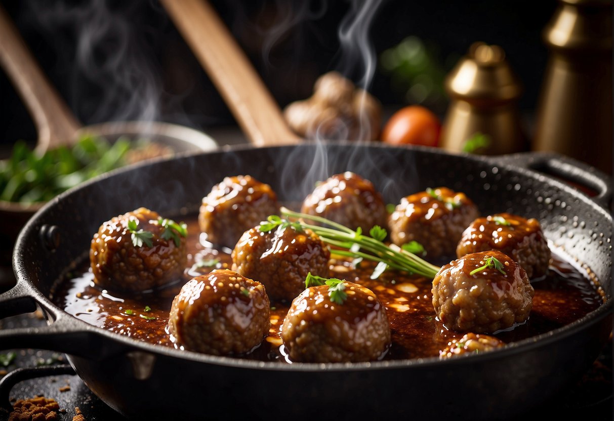 Meatballs sizzling in hot oil, surrounded by ginger, garlic, and soy sauce. The aroma of savory spices fills the air