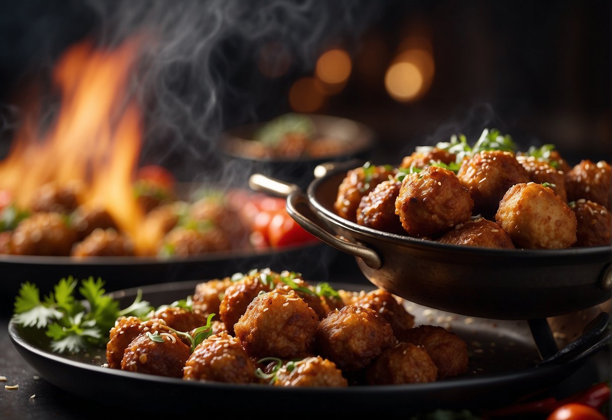 A sizzling wok fries up crispy Chinese meatballs, surrounded by aromatic spices and ingredients