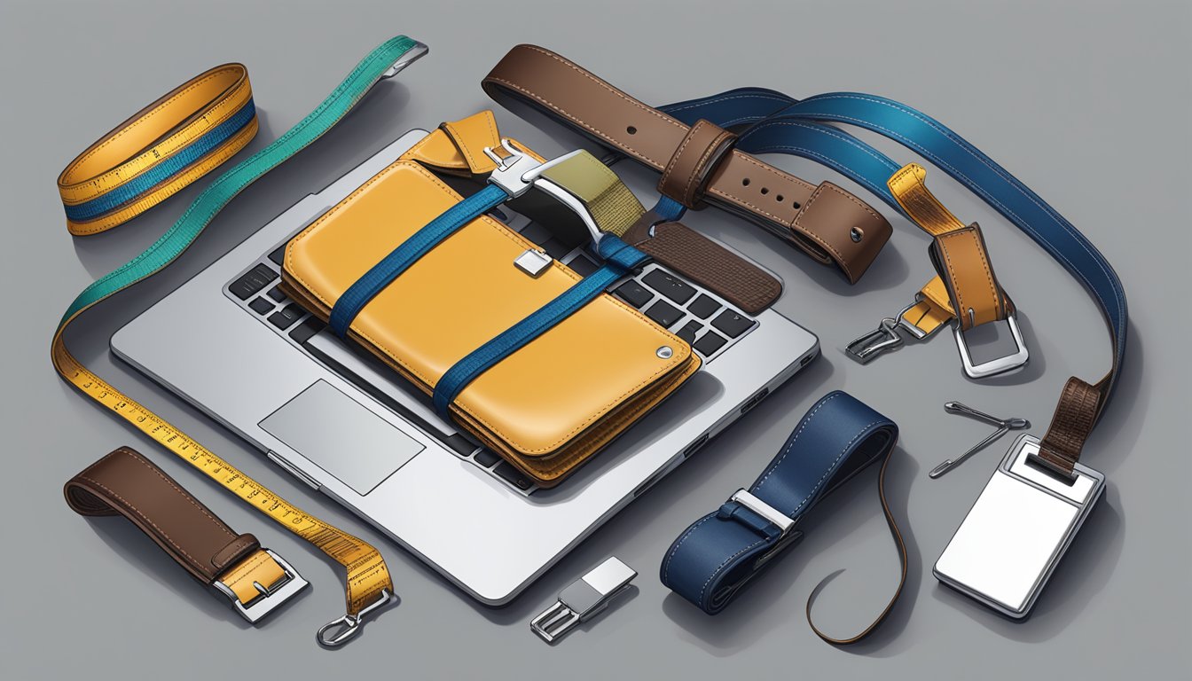 A laptop displaying a variety of men's belts, with a credit card and a measuring tape nearby