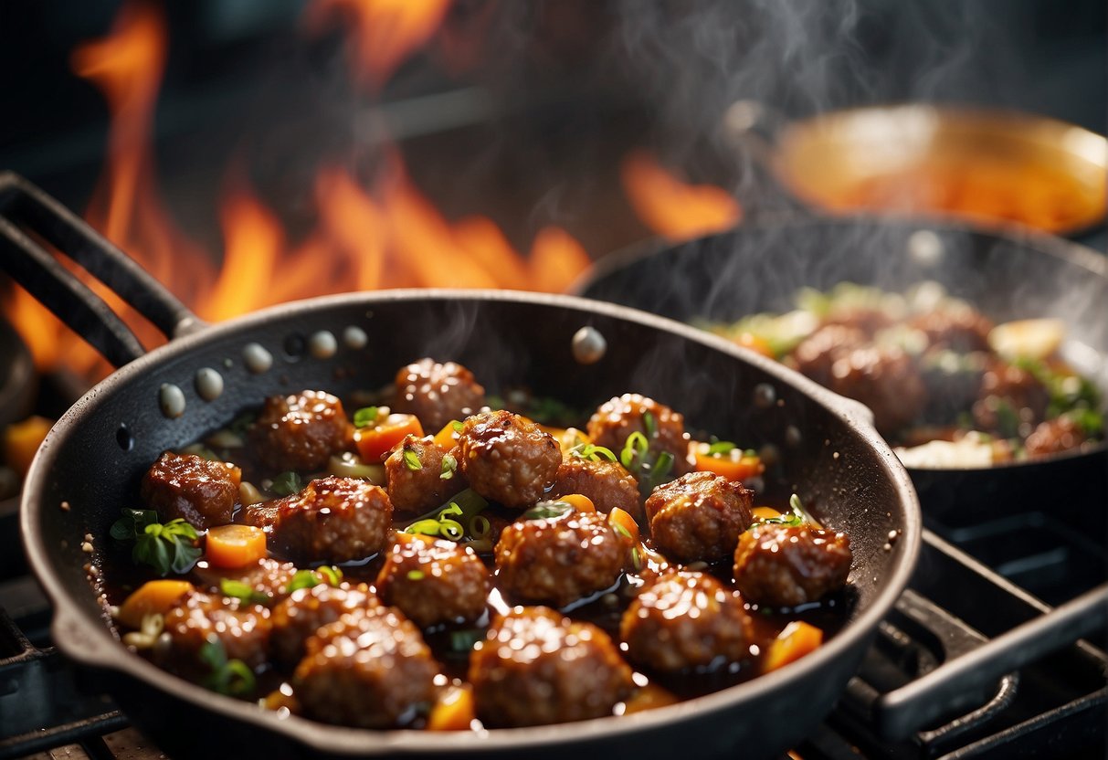 A wok sizzles as meatballs fry in hot oil, emitting a savory aroma. Ingredients like minced pork, ginger, and soy sauce sit nearby