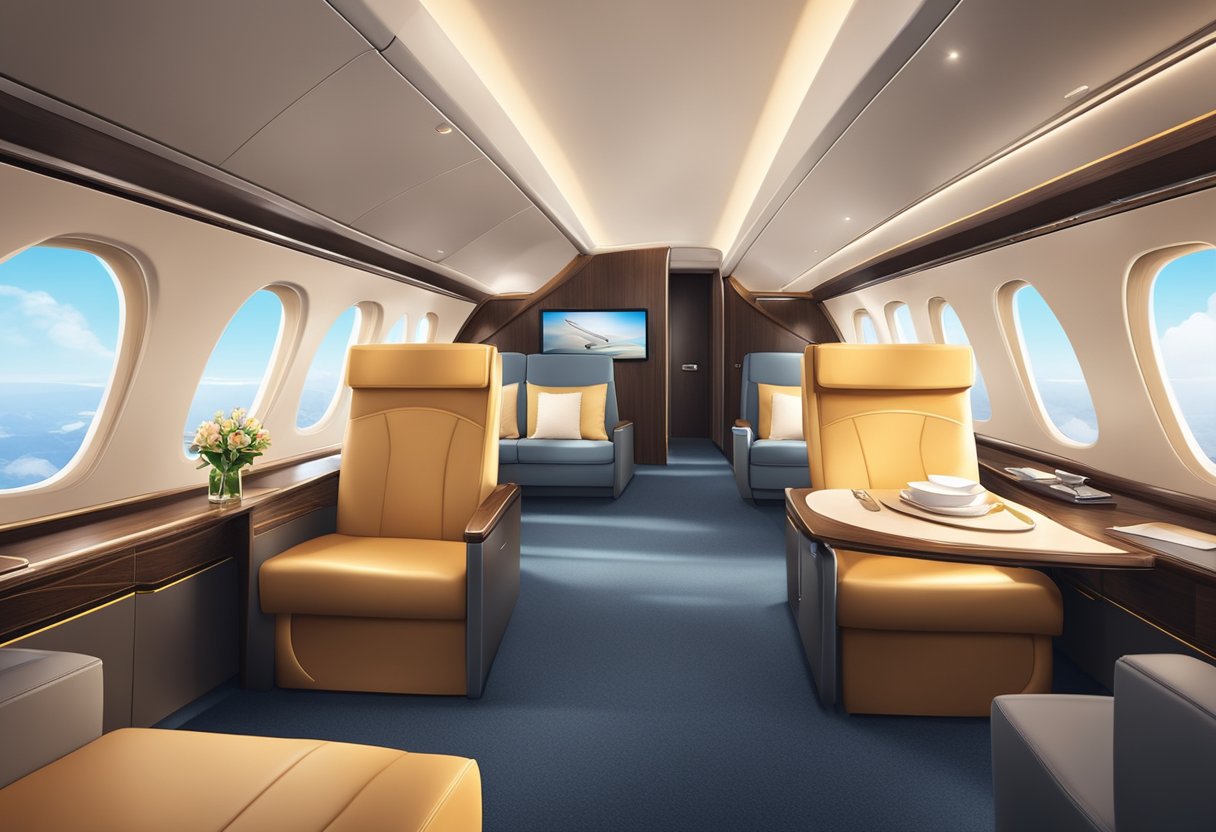 A luxurious first-class cabin with spacious seats, elegant decor, and attentive service, set against a backdrop of a modern aircraft interior