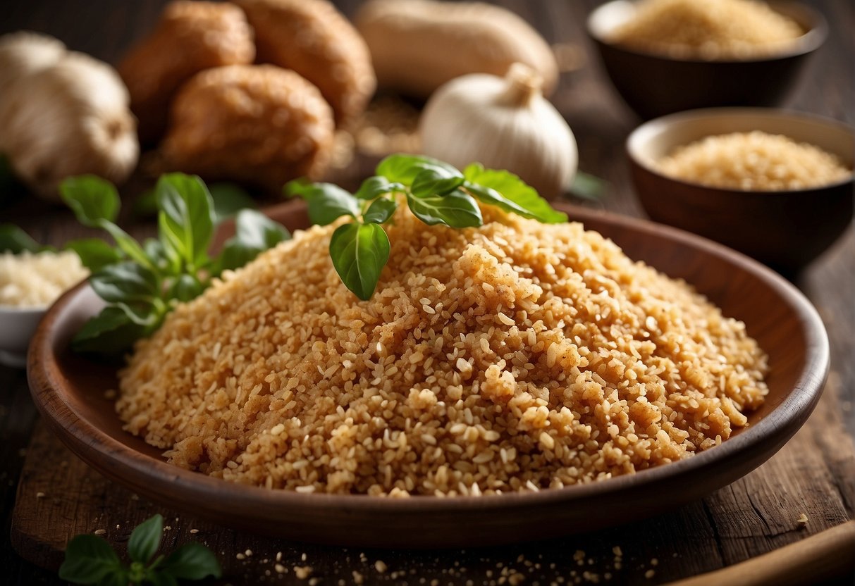A table with ingredients: ground pork, soy sauce, ginger, garlic, and breadcrumbs. Possible substitutes: ground turkey, tamari, and gluten-free breadcrumbs