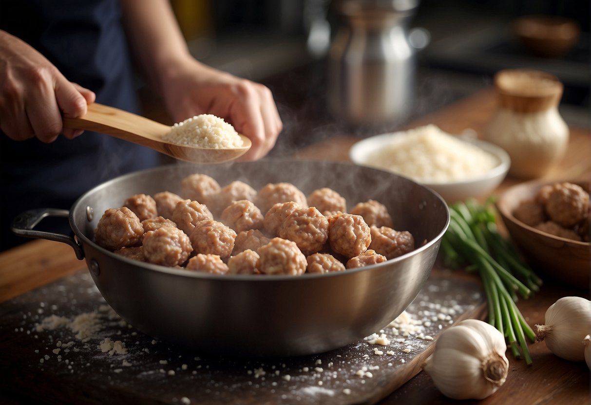 A chef mixes ground pork, soy sauce, ginger, and garlic in a bowl. They then form the mixture into small meatballs and roll them in flour before frying them in a hot pan