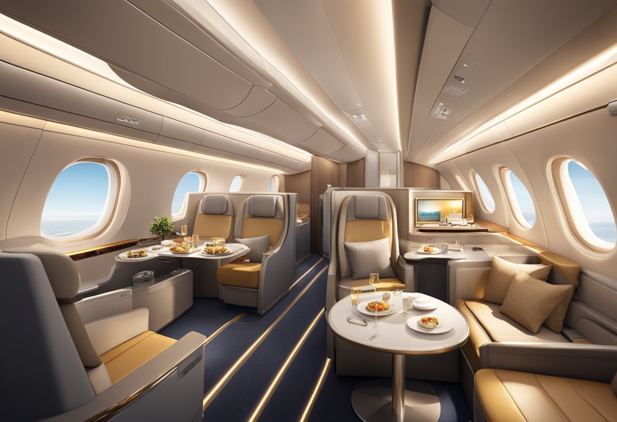 Luxurious first class cabin with spacious seats, personal entertainment systems, and gourmet dining. Emirates, Singapore Airlines, and Lufthansa still offer first class in 2024