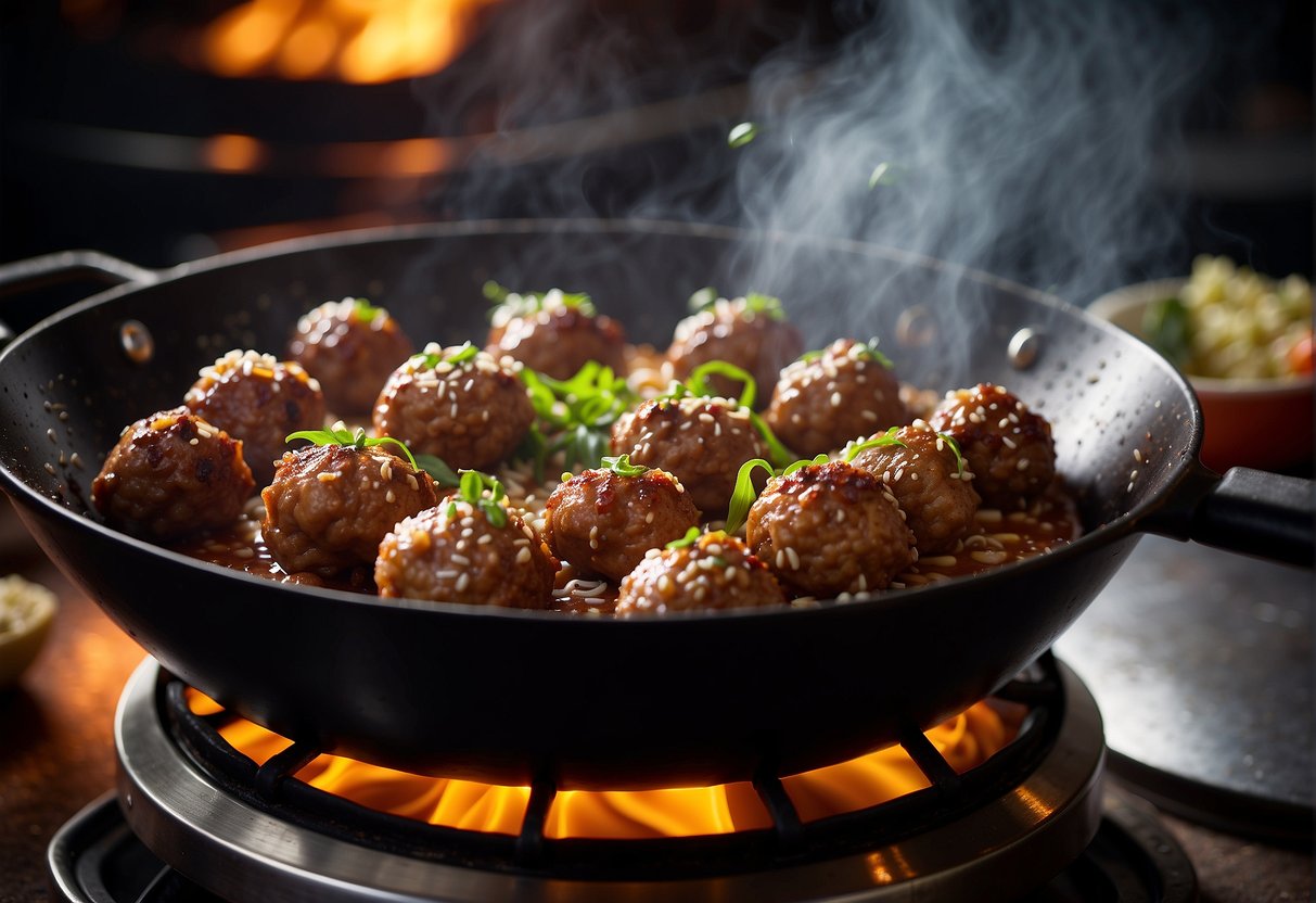 Sizzling meatballs fry in a hot wok, releasing savory aromas. A blend of ginger, garlic, and soy sauce infuses the air