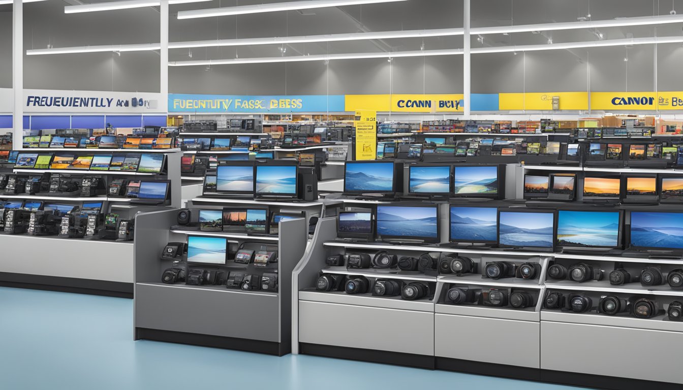 A display of Canon digital cameras at Best Buy, with a sign reading "Frequently Asked Questions" above them