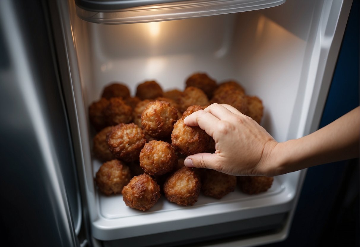 A hand reaches for a container of Chinese fried meatballs in a refrigerator. A microwave sits on the counter for reheating