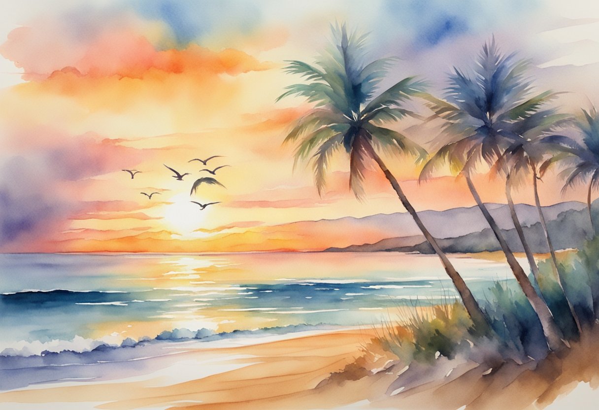 Sunset over calm ocean. Palm trees sway. Seagulls fly. Waves gently lap shore. Sand dunes in distance. Sky ablaze with color