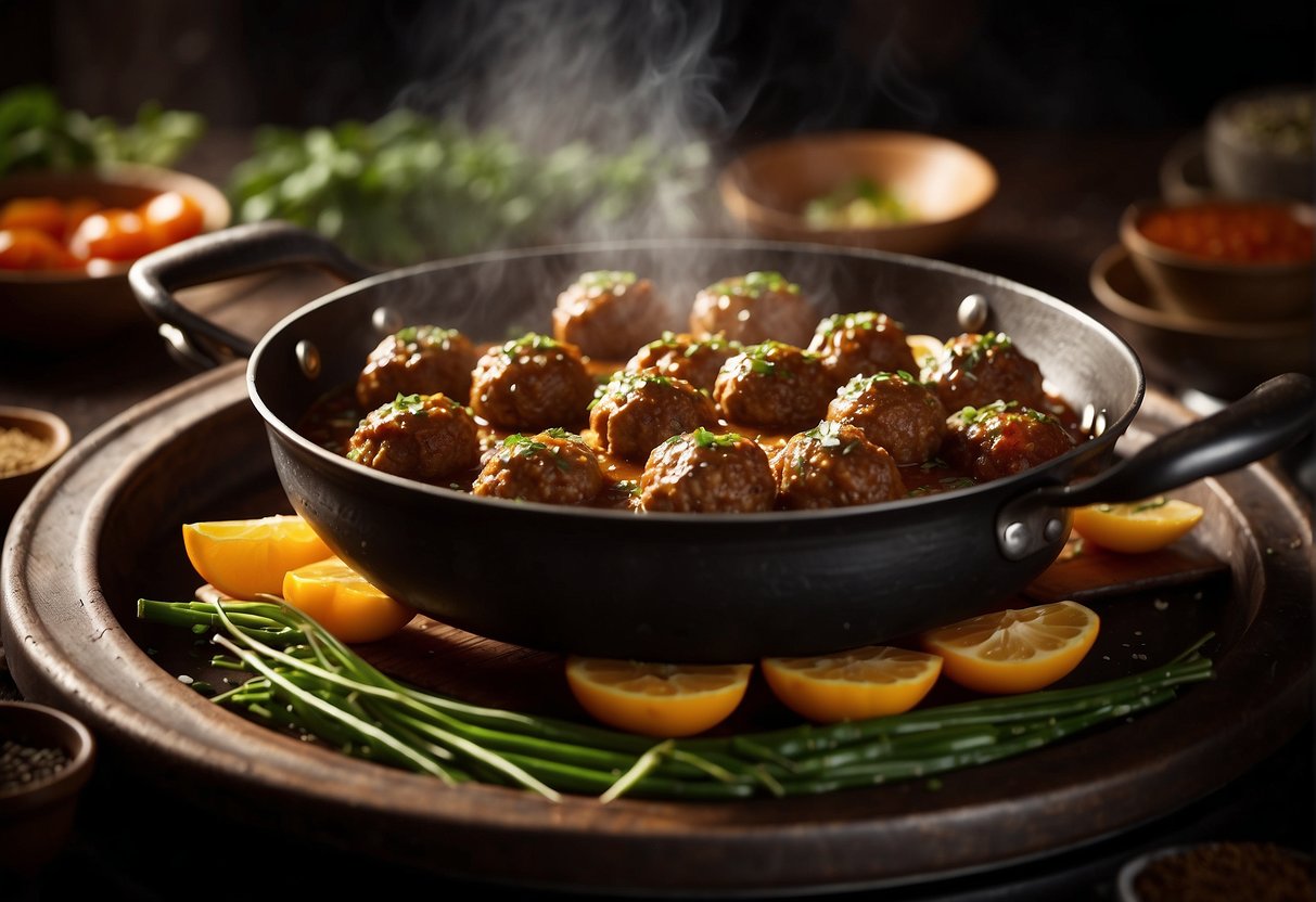 A sizzling wok with golden-brown meatballs, surrounded by aromatic spices and herbs, with a steaming pot of savory sauce nearby