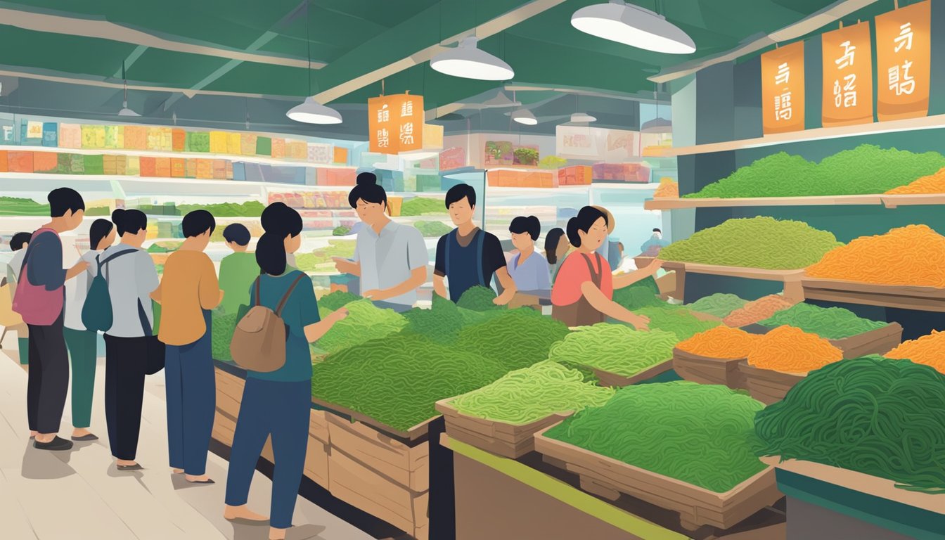 A bustling Korean market in Singapore, with colorful displays of seaweed stacked neatly on shelves, surrounded by eager shoppers
