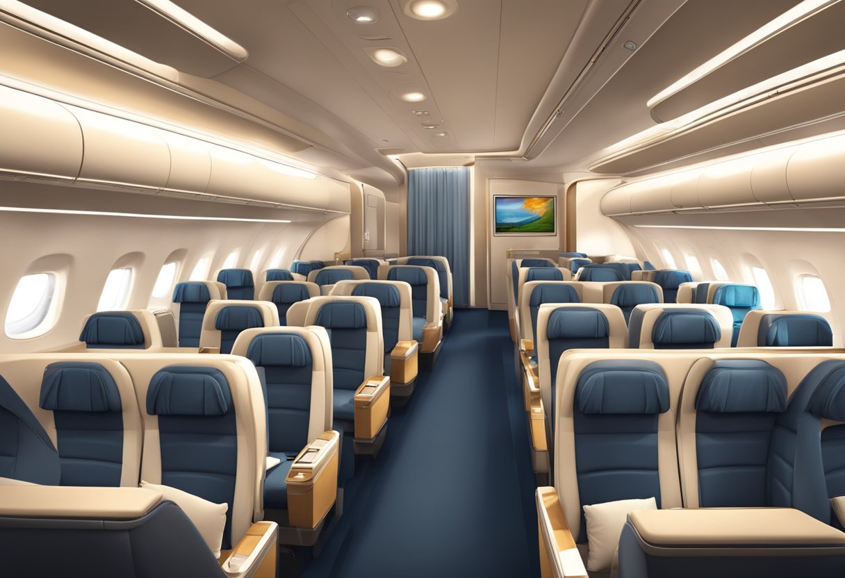 A luxurious first-class cabin with spacious seats, elegant decor, and personalized service. Business class features comfortable seating and modern amenities