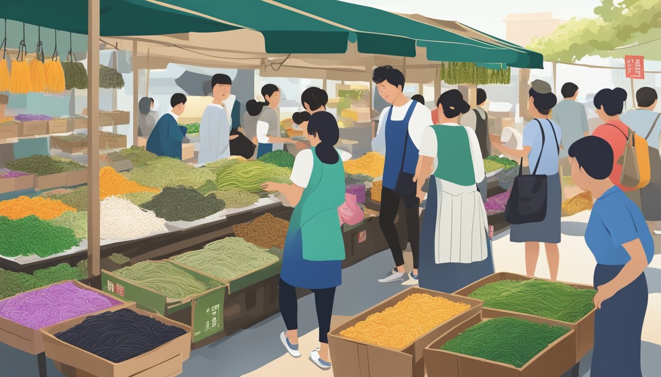 A bustling Singapore market stall showcases vibrant Korean seaweed packs, with eager customers browsing and purchasing