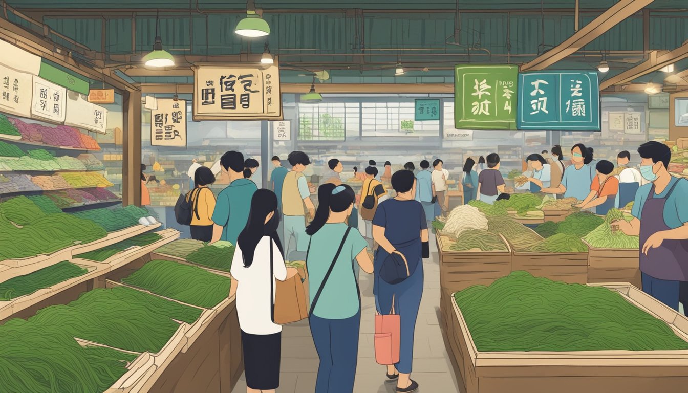 A bustling market with shelves of Korean seaweed, customers browsing and a sign reading "Frequently Asked Questions: where to buy Korean seaweed in Singapore."
