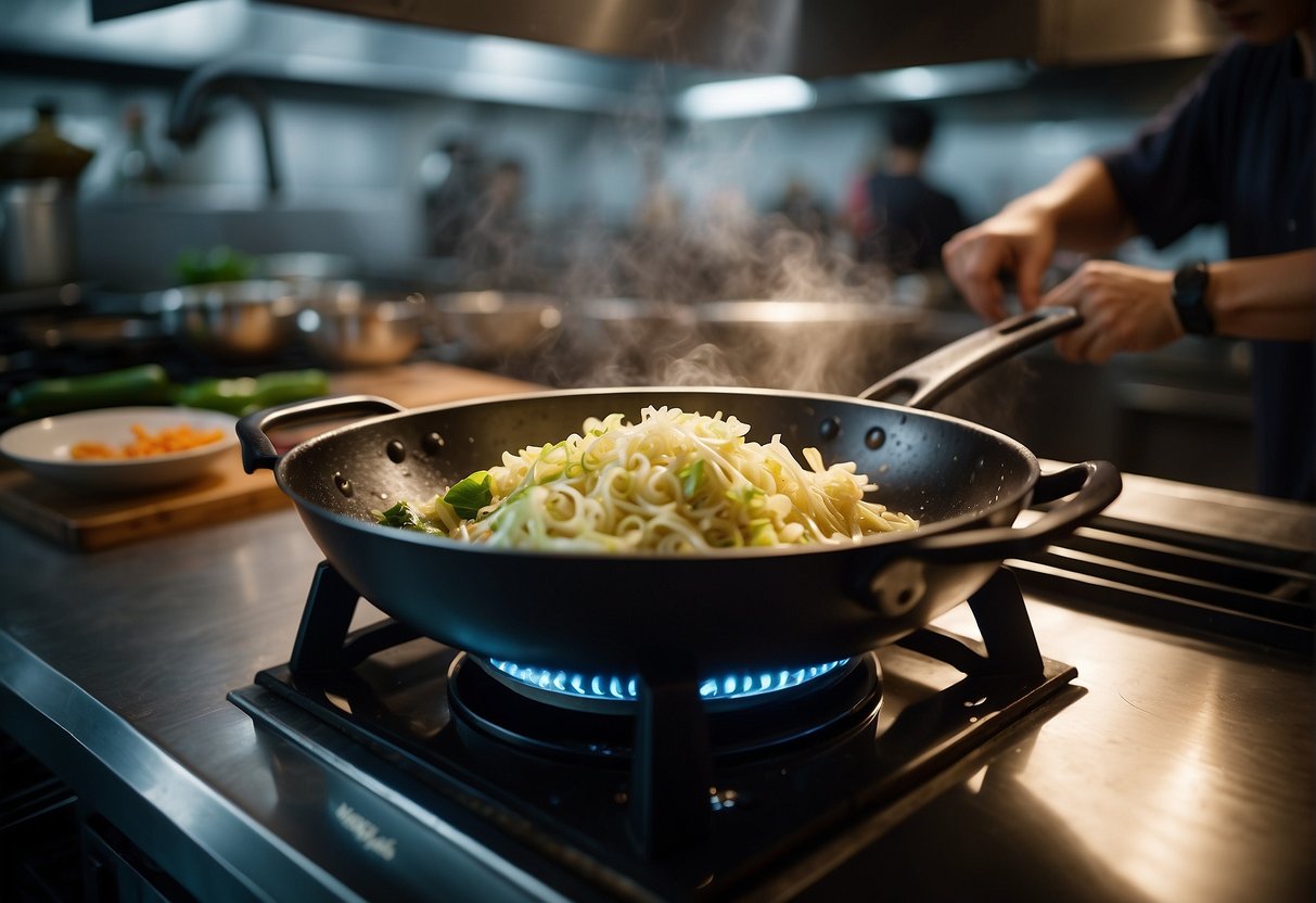 A wok sizzles as napa cabbage is stir-fried with ginger, garlic, and soy sauce in a bustling Chinese kitchen