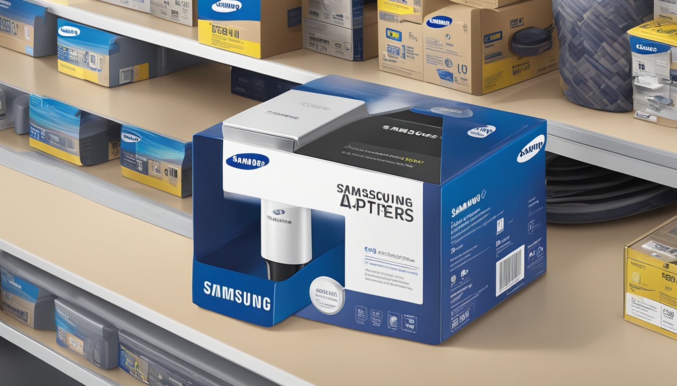 A hand reaches for a Samsung antenna adapter on a shelf at Best Buy. The packaging features the Samsung logo and product details