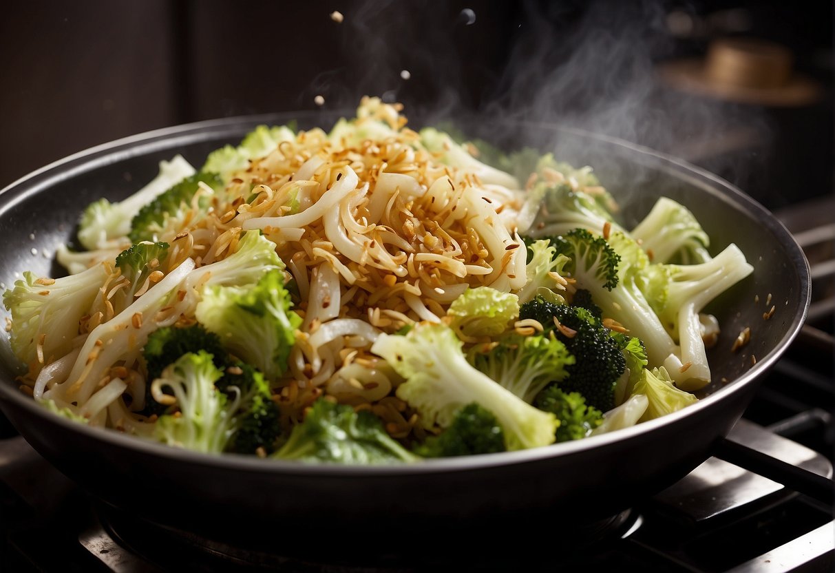 A wok sizzles with stir-fried napa cabbage, garlic, and soy sauce. Steam rises as the cabbage wilts and caramelizes, filling the air with savory aromas