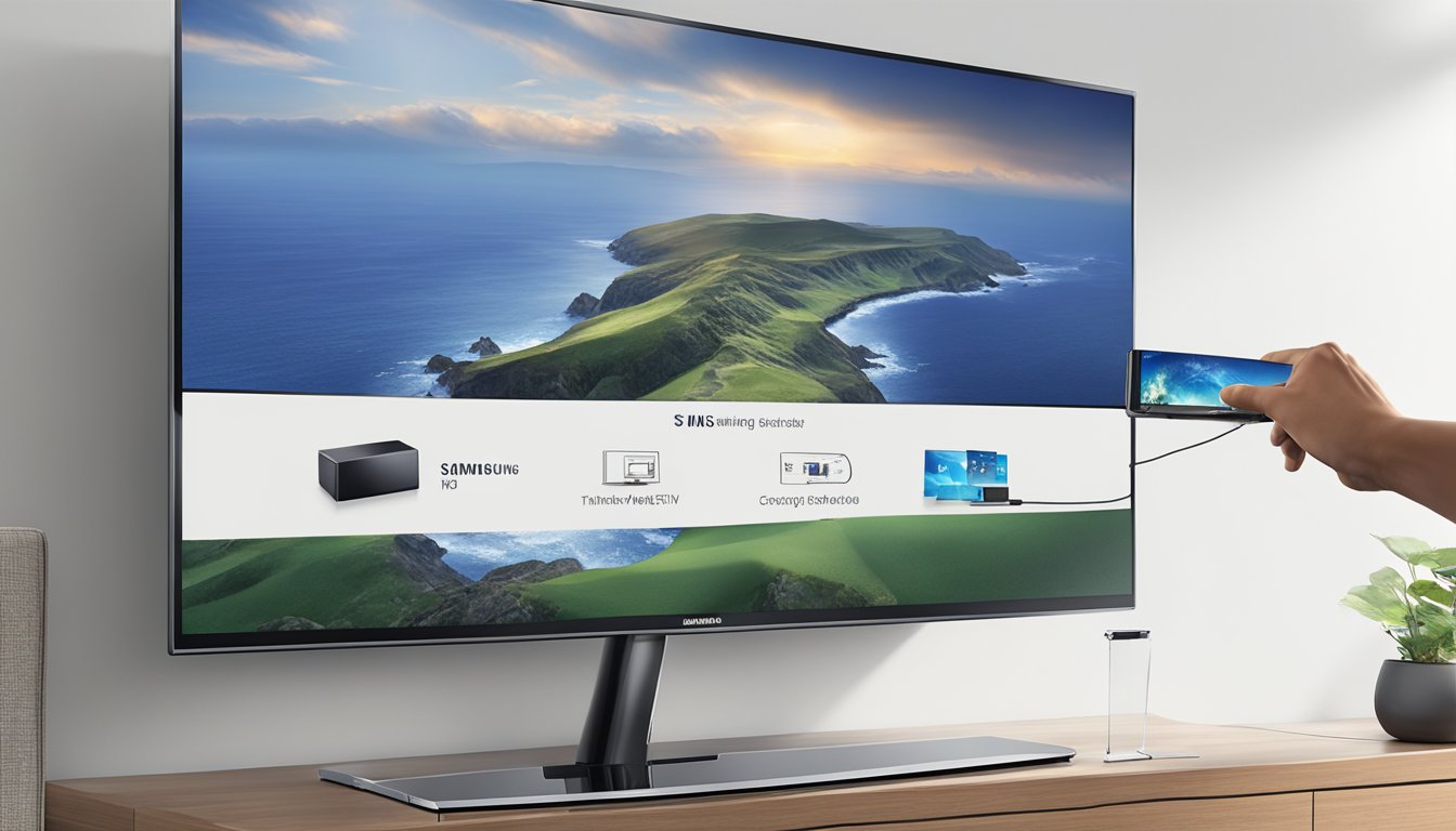 A hand reaches for the Samsung antenna adapter, connecting it to the HDTV. The screen displays a crystal-clear image, enhancing the viewing experience