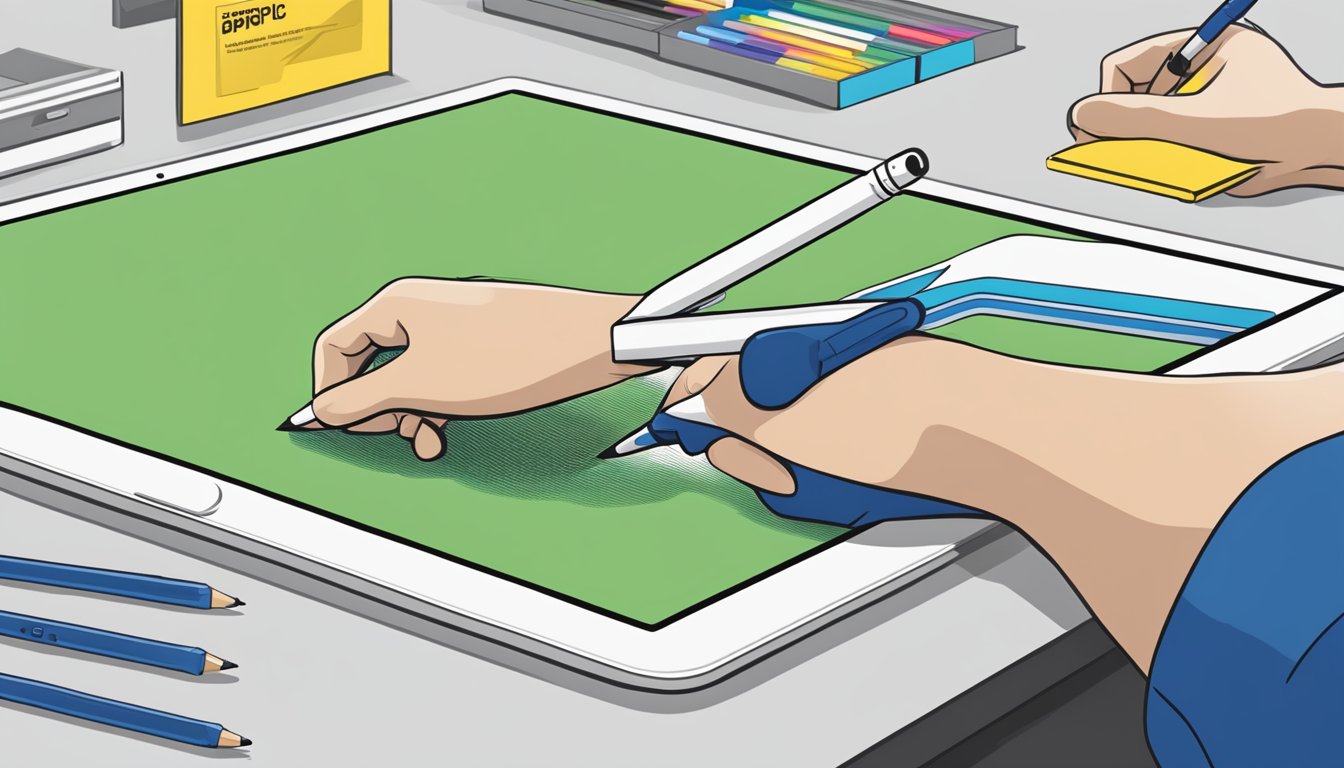 A hand reaches out to select a refurbished Apple Pencil from a display at Best Buy, with a price tag and product information visible nearby