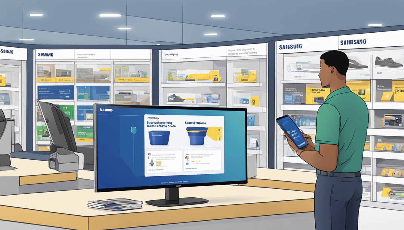 A person holding a Samsung antenna adapter in one hand while browsing through a Best Buy store's frequently asked questions section on a digital display