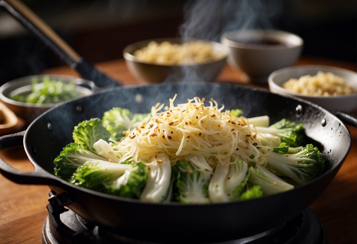 A wok sizzles with sliced napa cabbage, garlic, and ginger. Steam rises as soy sauce is drizzled in, creating a savory aroma