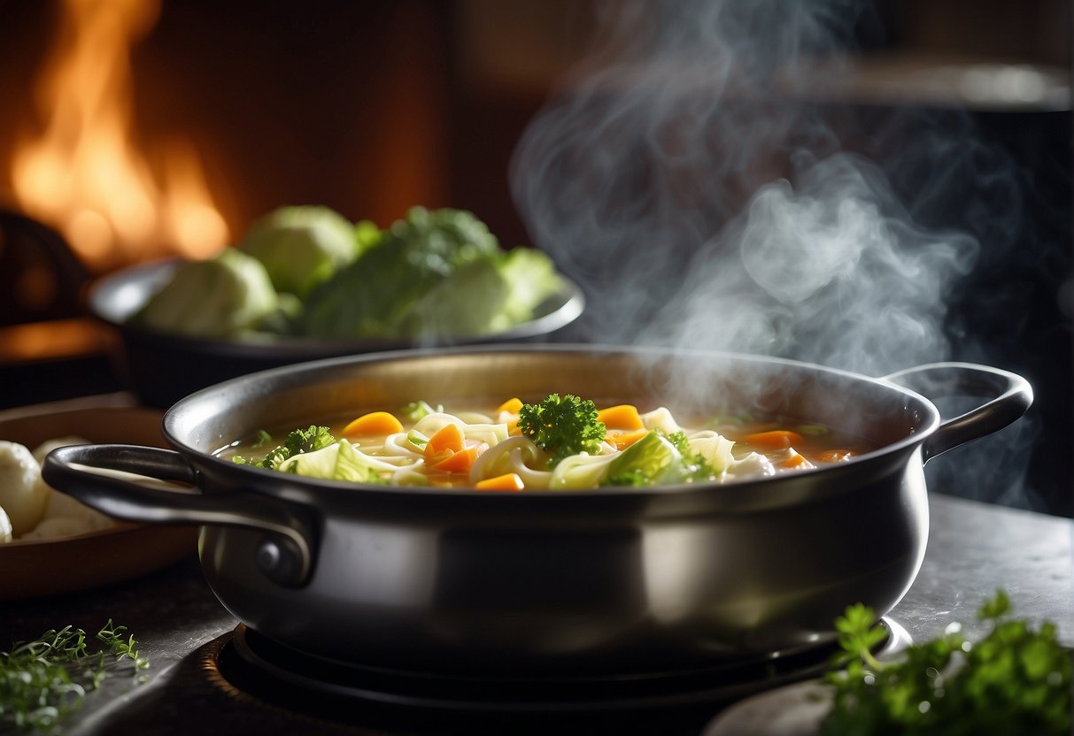 A pot of simmering soup with chunks of napa cabbage and other vegetables. Steam rises from the surface, and the rich aroma fills the air