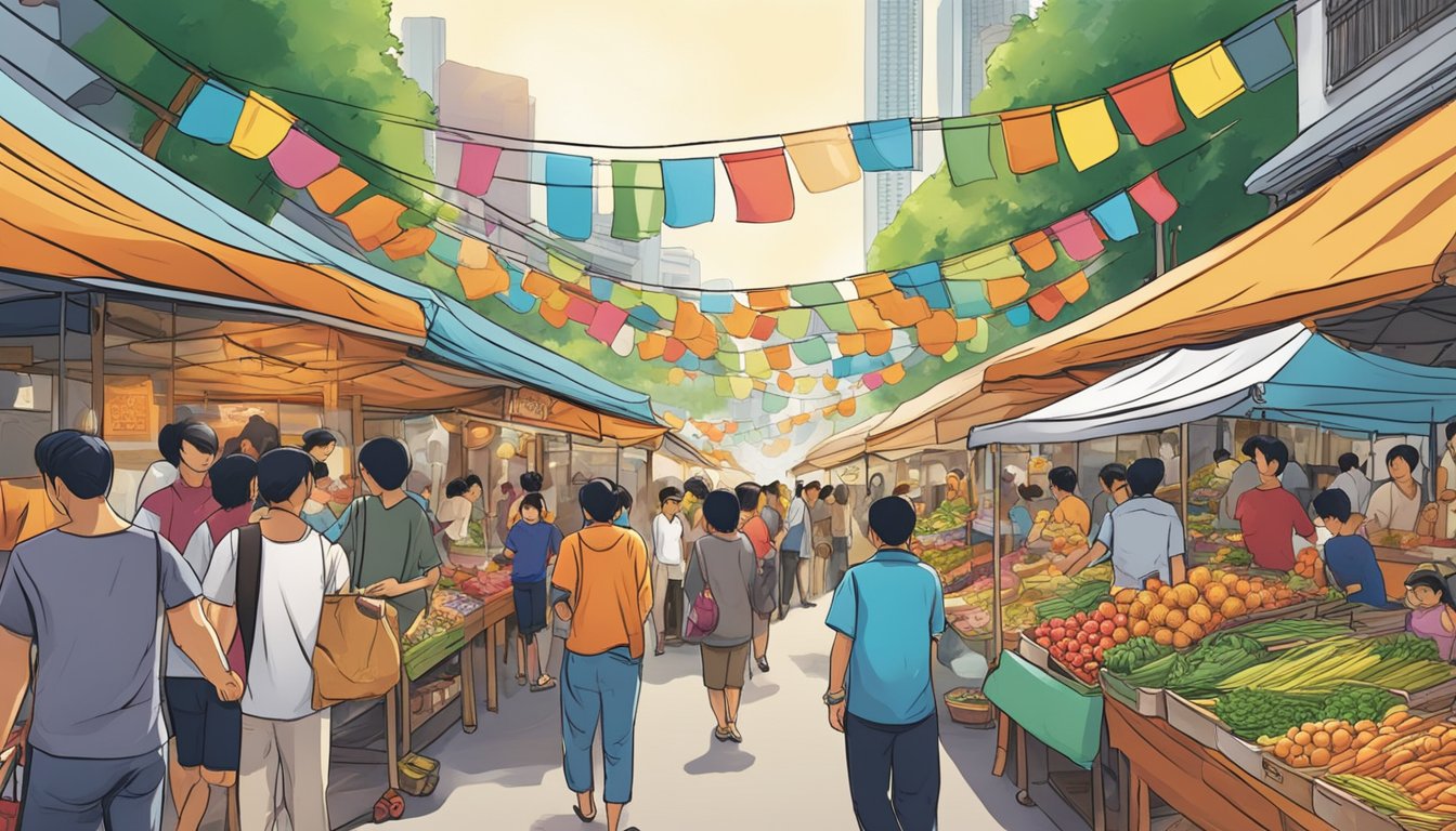 A bustling street market in Singapore, with colorful stalls selling Lao Fu Zi comics. The vibrant atmosphere and diverse crowd create a lively backdrop for the illustration